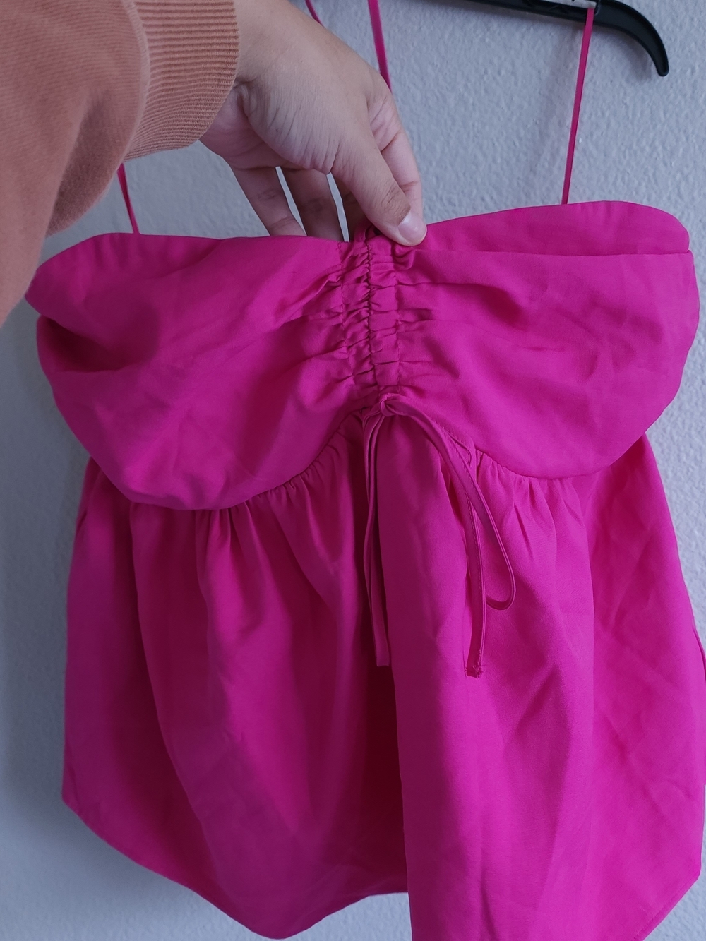 Express Pink Ruched Tie-Front Spaghetti Strap Top - Picture 2 of 8